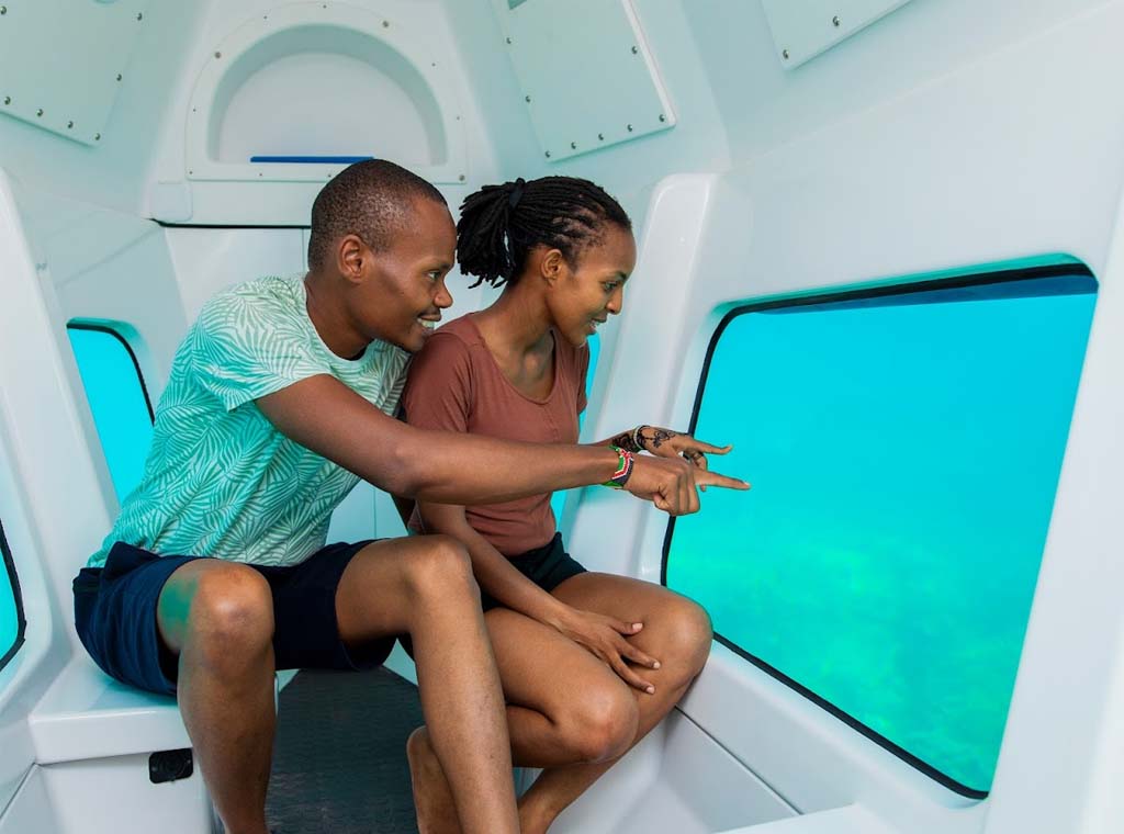 Couple viewing marine life inside Zanzibar semi-submarine